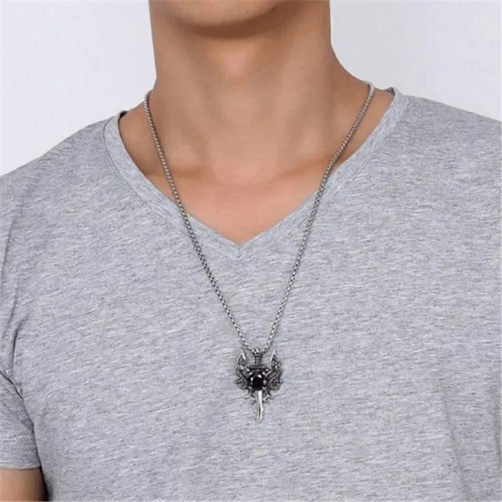 STAINLESS STEEL BLACK DIAMOND TWIN DRAGON CROSS SWORD NECKLACE